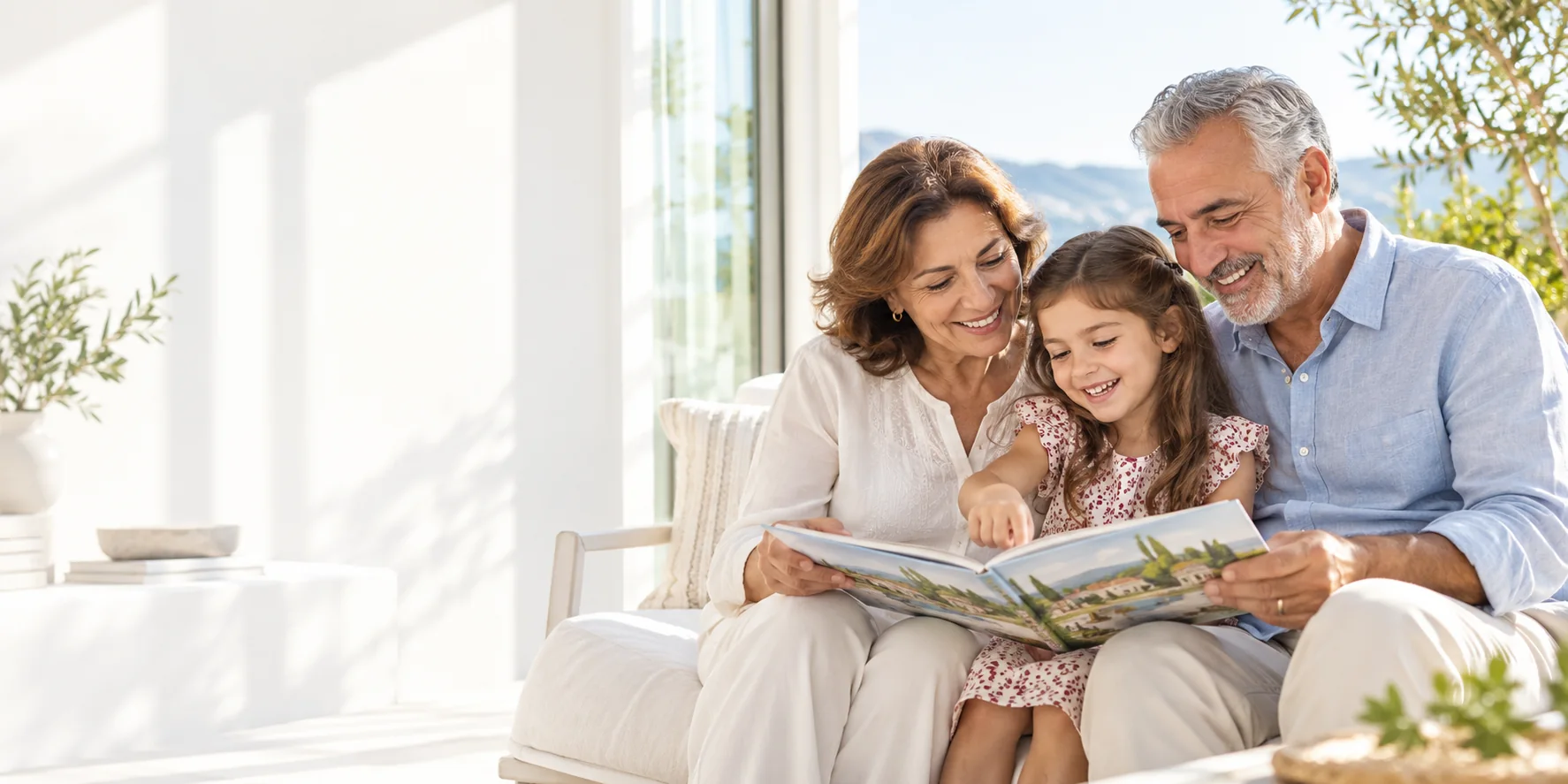 Torunlarıyla birlikte kitap inceleyen büyükanne ve büyükbaba